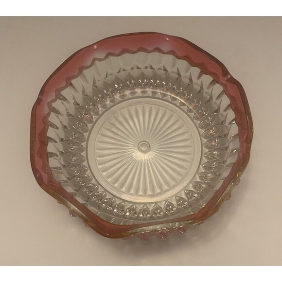 Vintage Pink Rim Crystal Cut Glass Bowl Set Scalloped Edge Pedestal Compote Dish - Picture 5 of 11